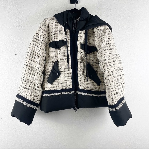 Veronica Beard Camrose Puffer Quilted Hooded Tweed Jacket Cream Black Large Warm - Picture 3 of 7